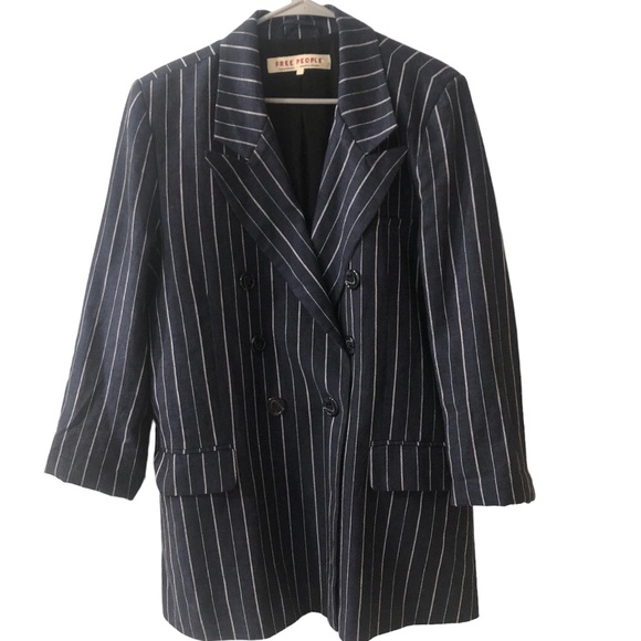 Like New!! Free People Linen Blend Boyfriend Blazer Navy Pinstripe Sz L - Picture 1 of 10